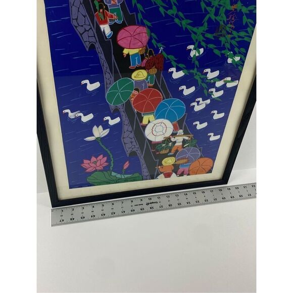 Asian Chinese Folk Art Gouache Bridge Crossing Painting Stamped Signed Framed - Picture 6 of 6